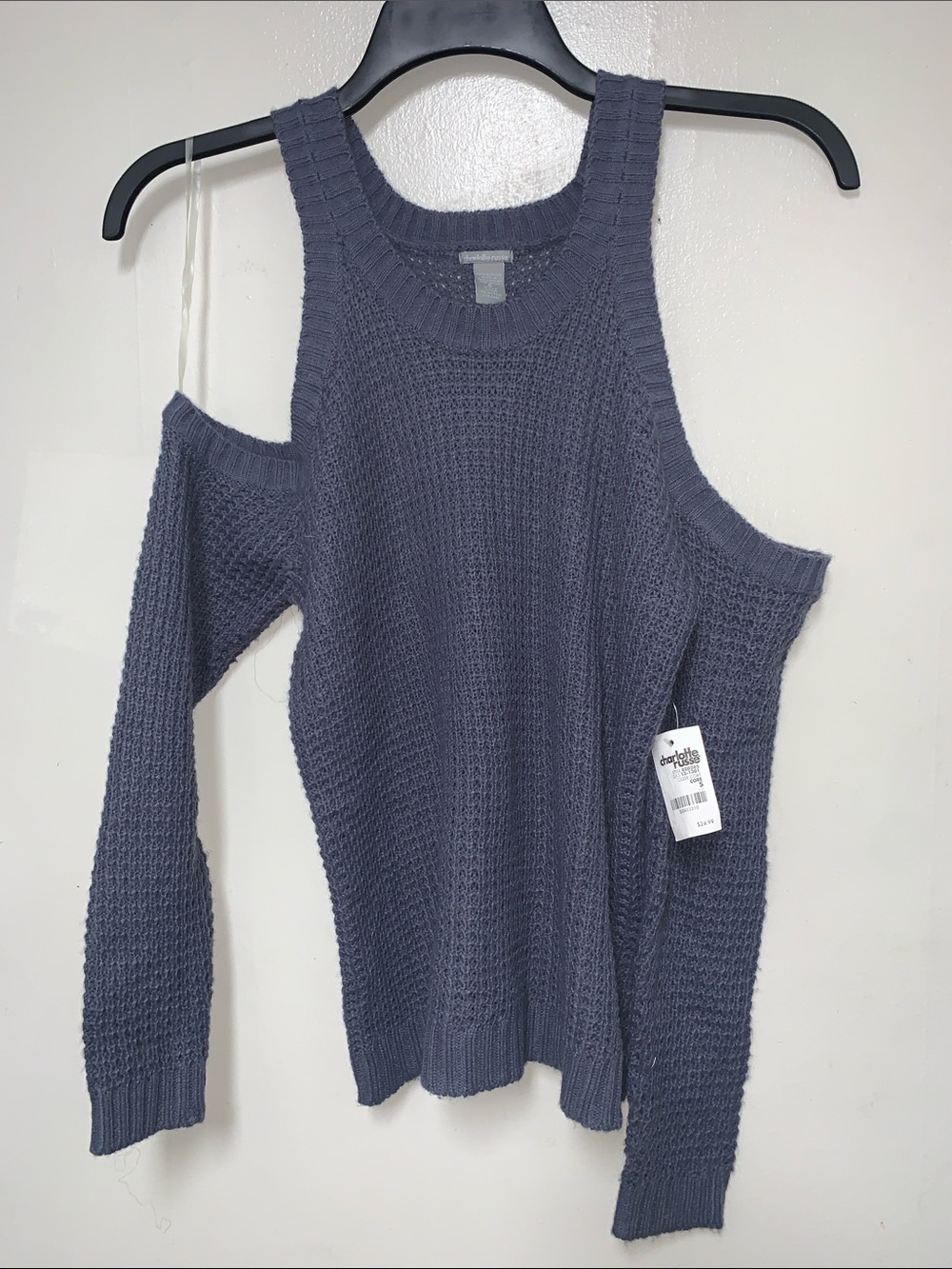 Charlotte Russe Slate Blue Cold-Shoulder Waffle Knit Sweater